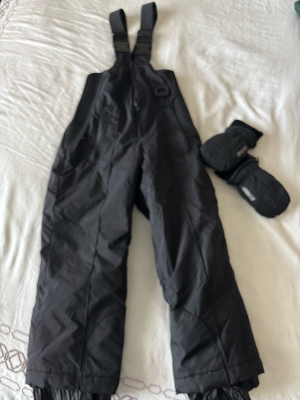 Essentials Black Snow Bib Overalls with Adjustable Straps and gloves